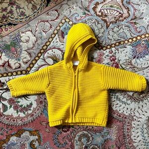 Hanna Anderson 100% Cotton Knit Yellow Sweater with Hood, Size 6-12 months
